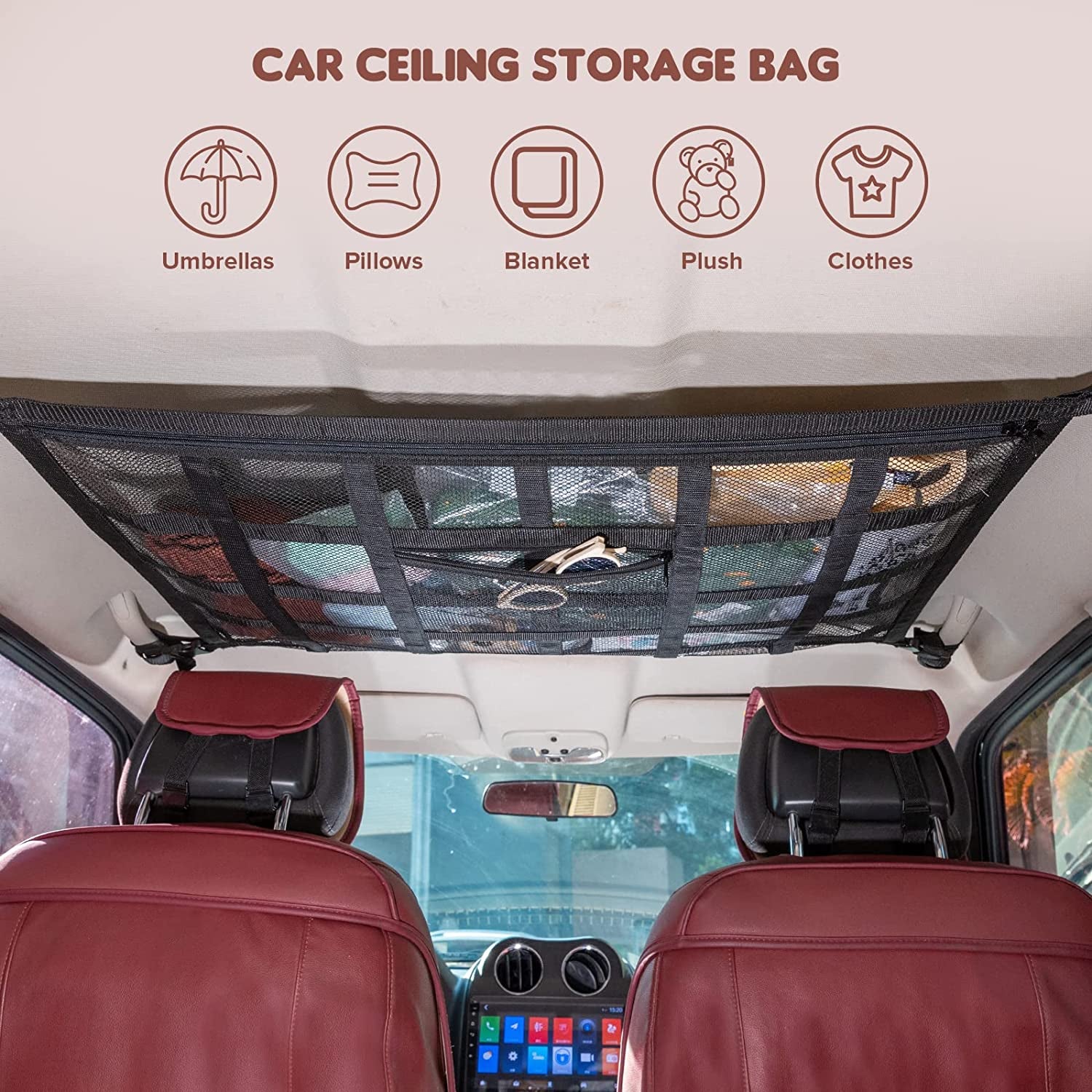 Car Ceiling Cargo Net Pocket,35.4"X23.6" Load-Bearing Double-Layer Mesh Car Roof Storage Organizer for Ford,F150,Jeep,Honda Crv,Mini Van,Rav4,Car Camping Accessories