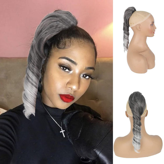 Salt and Pepper Ponytails Extension Drawstring Ponytail for Black Women, Short Curly Ponytails Silver Gray Ponytail Sleek Fake Ponytail Clip in on Hair Pieces for Black Women for Girls 14Inch