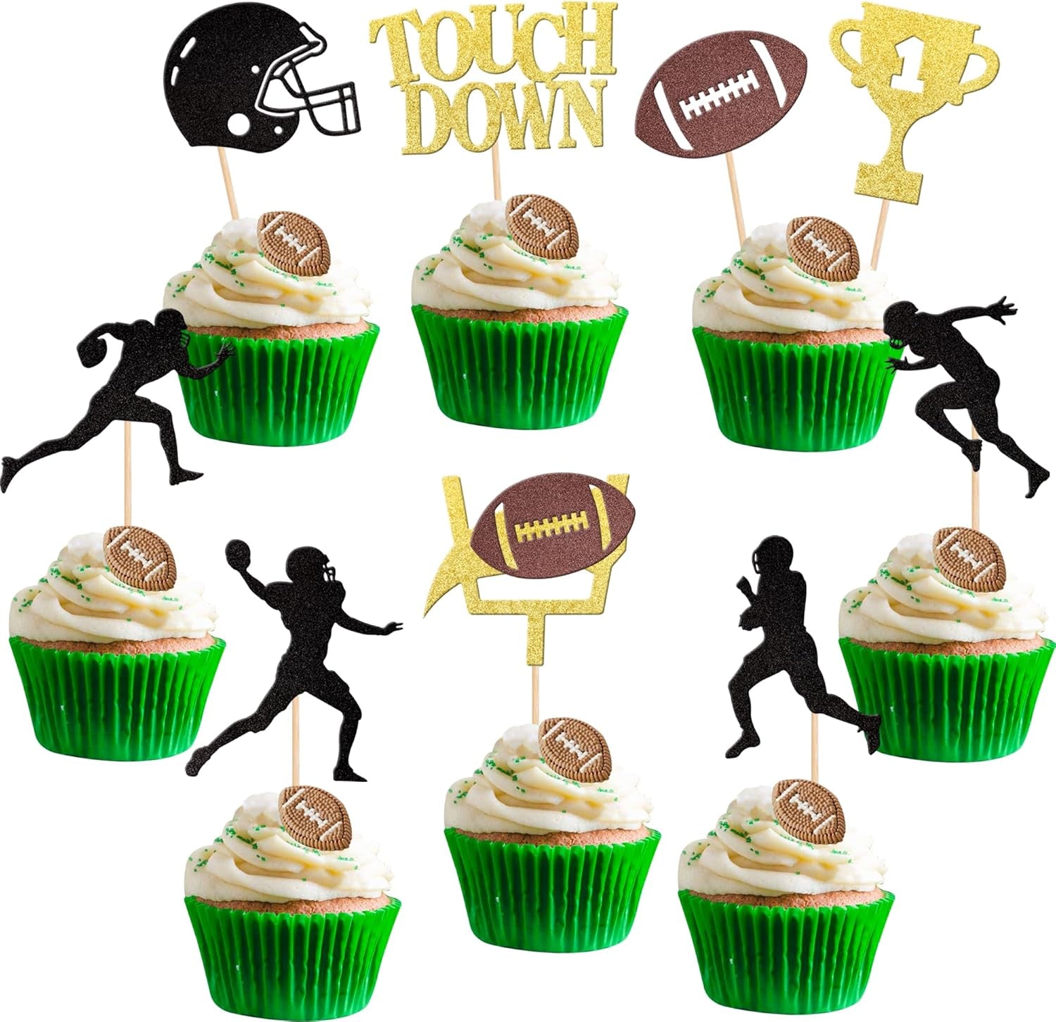 36 PCS Rugby Ball Cupcake Toppers Glitter Trophy Amecian Football Cupcake Picks Touchdown Player Cake Decorations for Super Bowl Rugby Sports Theme Baby Shower Kids Birthday Party