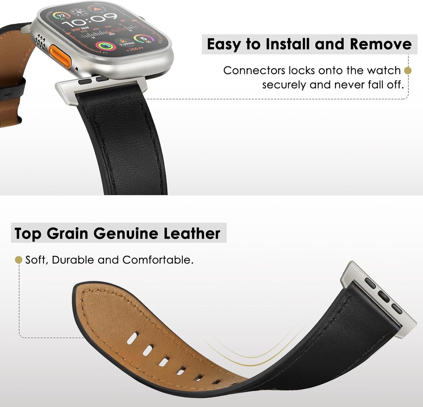 Compatible with Apple Watch Band 41Mm 40Mm 38Mm Men Women, Top Grain Genuine Leather Band Strap for Iwatch Series 9 8 7 6 5 4 3 2 1 SE, Black/Titanium