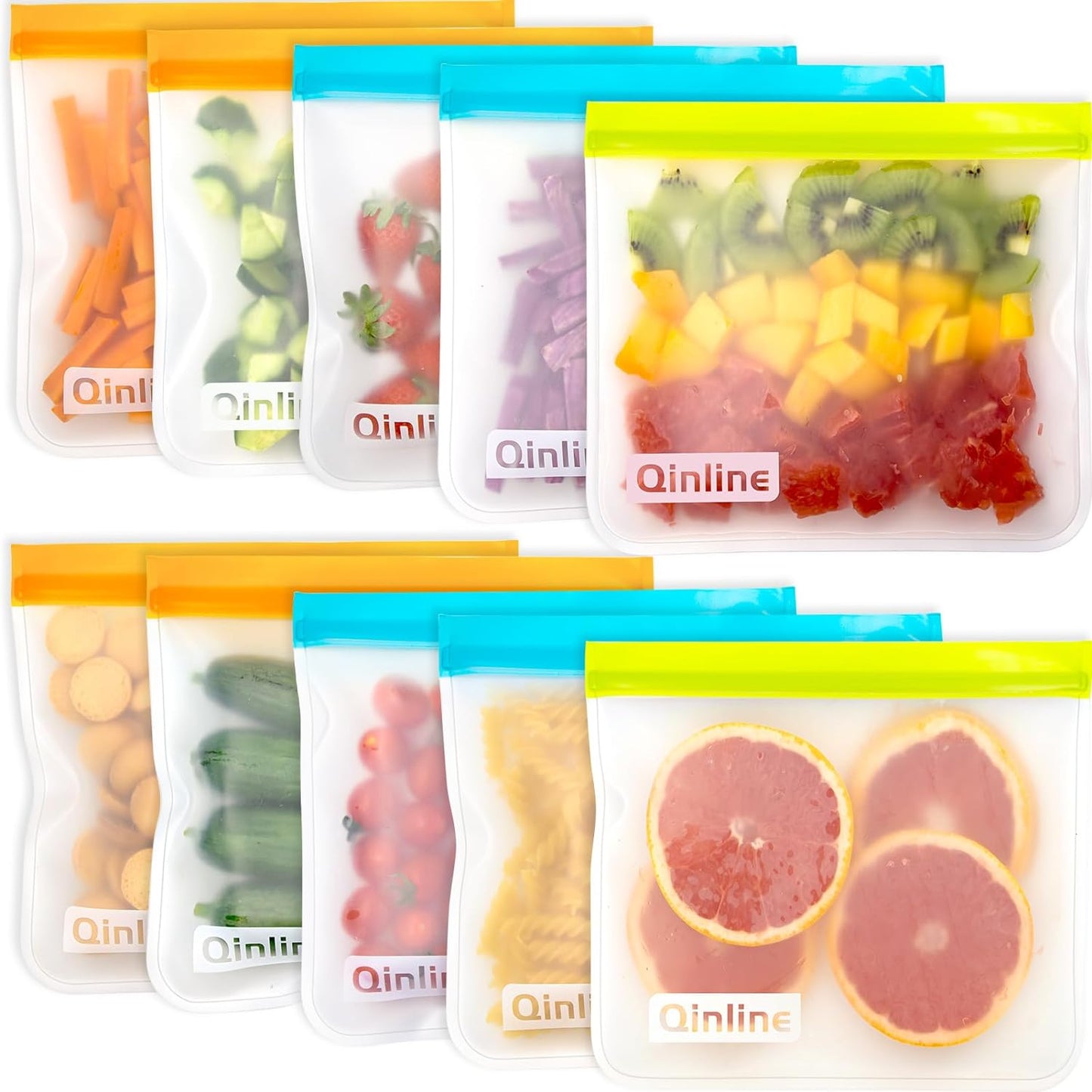 Reusable Food Storage Bags - 10 Pack Freezer Bags, BPA Free Reusable Bags Silicone, EXTRA THICK Leakproof Reusable Lunch Bag for Salad Fruit Travel - 2 Gallon 4 Sandwich 4 Snack Bags