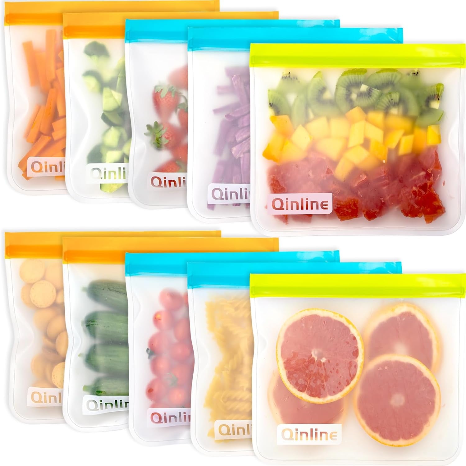 Reusable Food Storage Bags - 10 Pack Freezer Bags, BPA Free Reusable Bags Silicone, EXTRA THICK Leakproof Reusable Lunch Bag for Salad Fruit Travel - 2 Gallon 4 Sandwich 4 Snack Bags