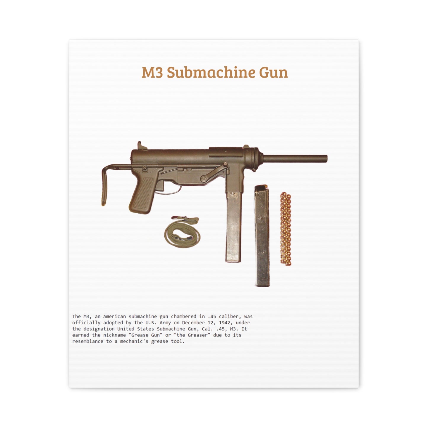 Grease Gun M3 submachine gun Matte Canvas, Stretched, 1.25"