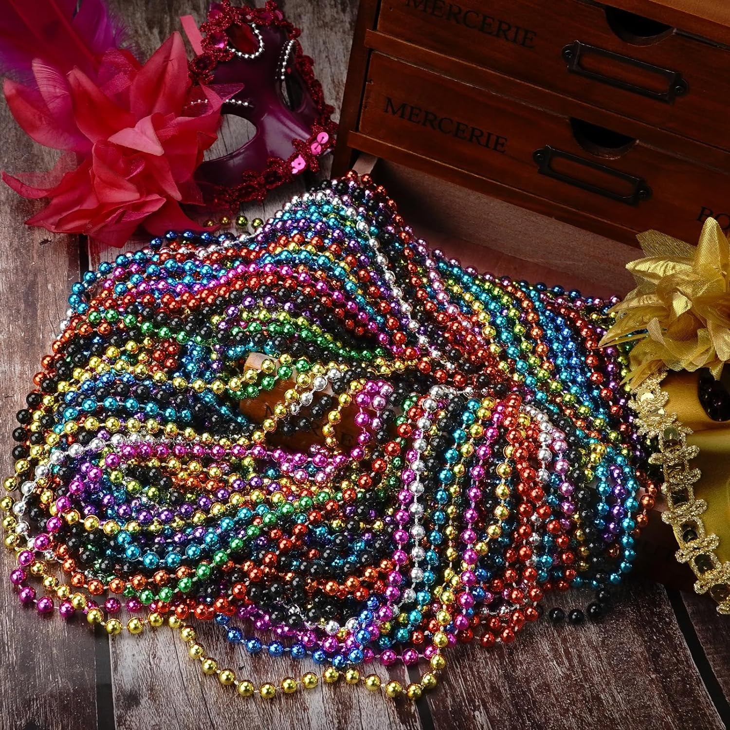 33'' 7Mm Metallic Colors Bead Necklace Bulk, Mardi Gras round Beaded Necklaces for Party Favors Costume Necklace (12 Pcs)