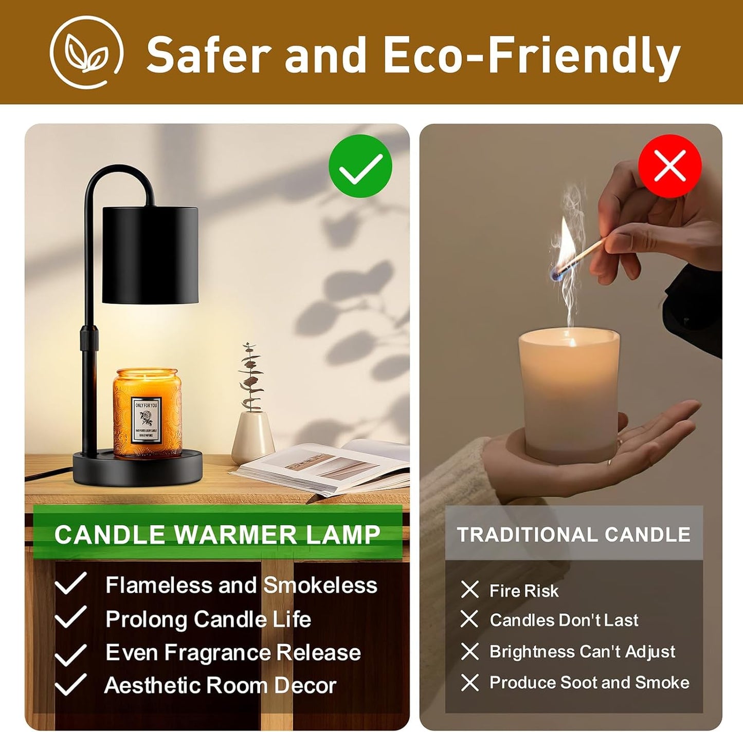 Candle Warmer Lamp with Timer and Dimmer, Electric Candle Lamp Warmer for Jar Candles, Adjustable Height Candle Wax Warmer with 2 Bulbs & Wooden Base, Gifts for Women Home Decor, Black