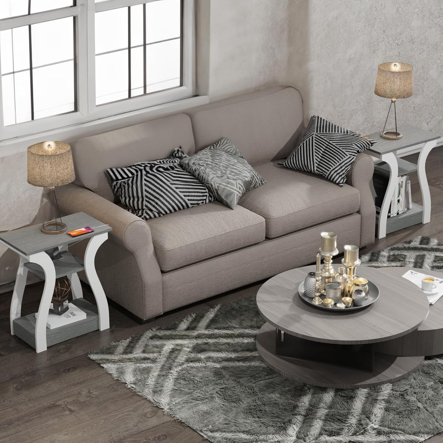 End Tables Living Room Set of 2, End Table with Charging Station, Grey End Table with Usb,Grey Side Table, Nightstand for Bedroom, 3 Tier End Table with Storage Shelf for Living Room Grey