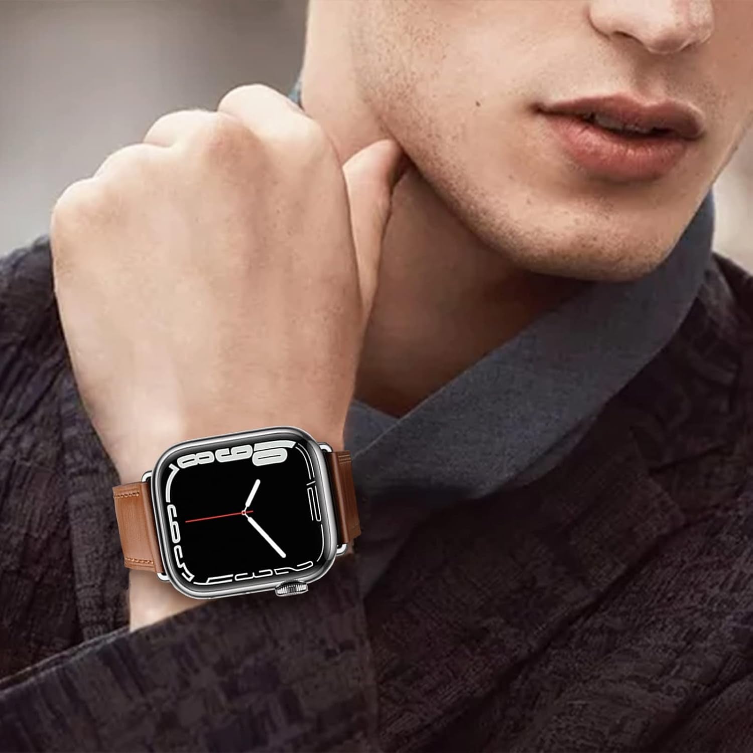 Genuine Leather Band Compatible with Iwatch Bands 49Mm 45Mm 44Mm 42Mm Men, Soft Grain Leather Wristbands Replacement Straps Compatible for Iwatch Ultra Series 8/7/6/5/4/3/2/1/SE