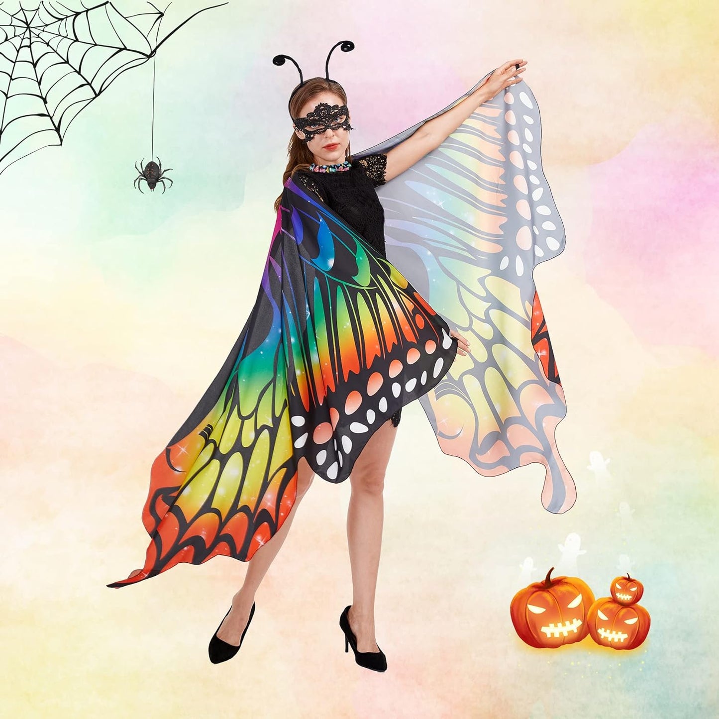 Halloween Butterfly Costume for Women - Adult Wings Cape Shawl with Lace Mask and Antenna Headband