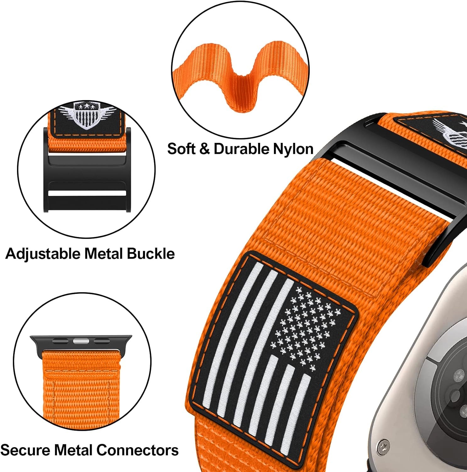 Rugged Nylon Band Compatible with Apple Watch Band 49Mm 45Mm 44Mm 42Mm,Soft Sport Loop Adjustable Wristbands Replacement Strap for Apple Watch Ultra Iwatch Series 8/7/SE/6/5/4/3/2/1,USA Flag Orange