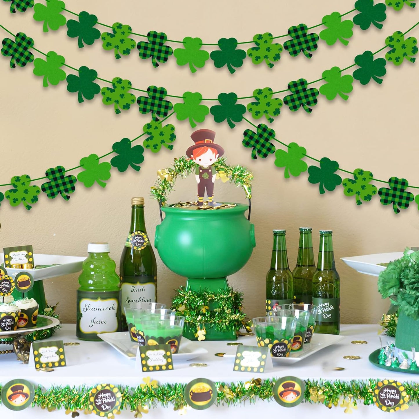 4PCS Felt Shamrock Clover Garland Banner - NO DIY, St. Patrick'S Day Decorations - Buffalo Plaid Dark Green Light Green Happy St. Patrick'S Day Banner for Home Mantel Office Irish Day Party Supplies