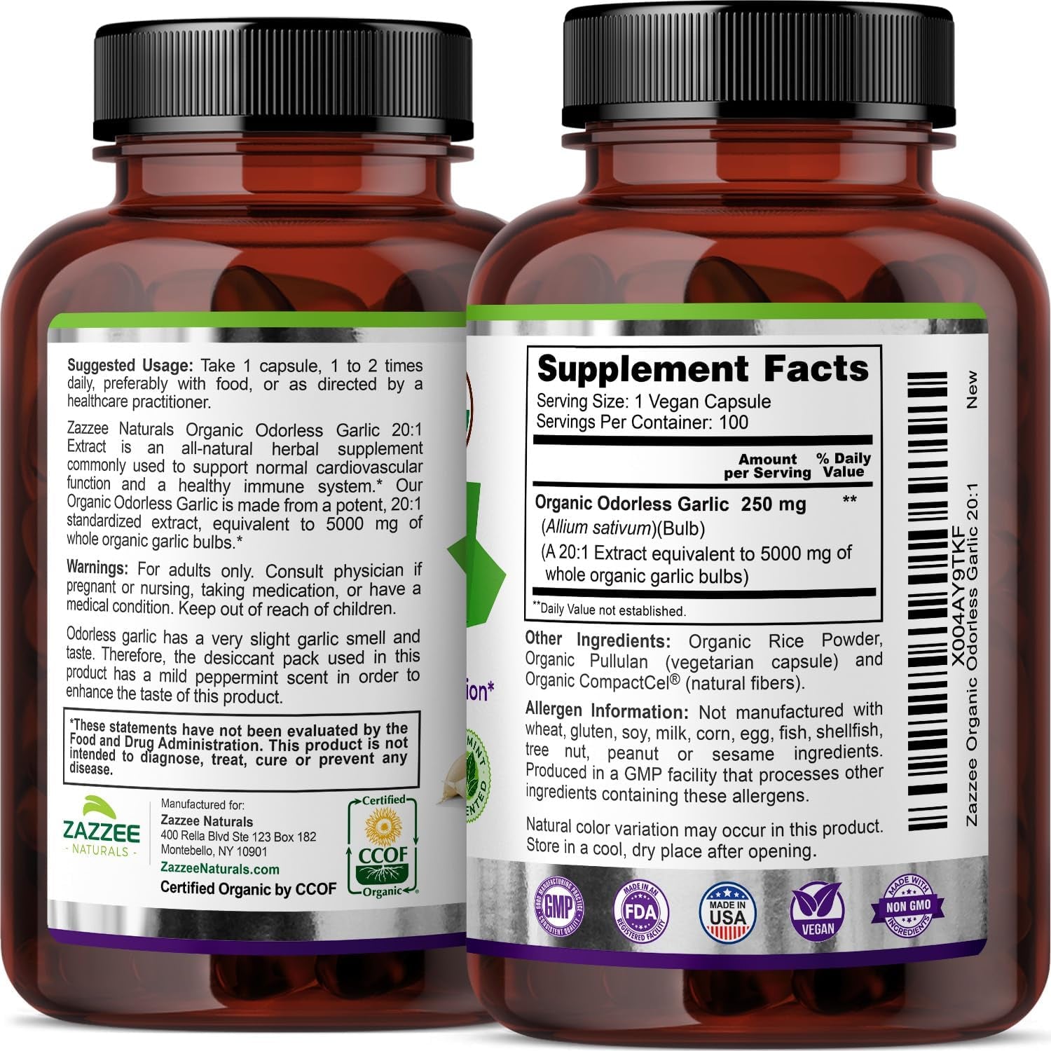 USDA Organic Odorless Garlic 20:1 Extract, 5000 Mg Strength, 100 Vegan Capsules, 3+ Month Supply, Standardized, Concentrated 20X Extract, 100% Vegetarian, All-Natural, Non-Gmo, Made in the USA TLBH