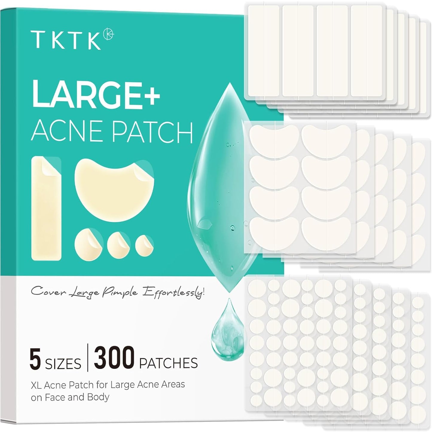 Large Pimple Patches for Face, XL Acne Patches 60 X 20 Mm, Big Hydrocolloid Bandages for Body, Forehead, Chin, Neck Zit Breakouts, Hydrocolloid Patch (Strip, Contoured, Dot 5 Sizes 96 Count)