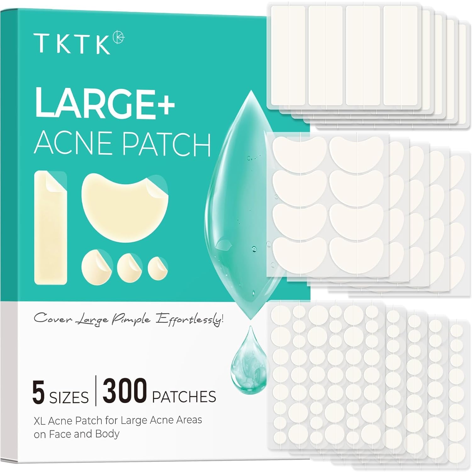 Large Pimple Patches for Face, XL Acne Patches 60 X 20 Mm, Big Hydrocolloid Bandages for Body, Forehead, Chin, Neck Zit Breakouts, Hydrocolloid Patch (Strip, Contoured, Dot 5 Sizes 96 Count)
