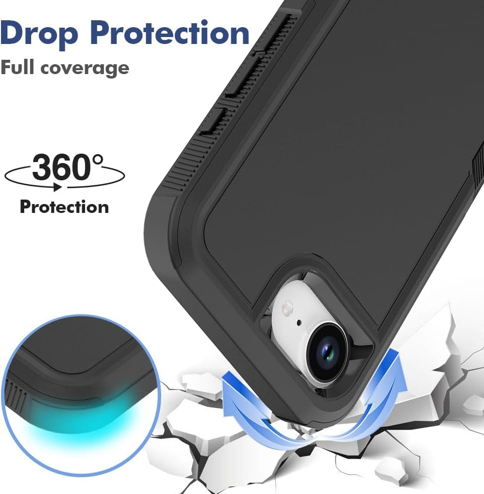 Iphone 16E Case: Dual Layer Protective Heavy Duty Cell Phone Cover Shockproof Rugged with HD Screen Protector - Military Protection Bumper Tough - Apple Iphone 16E / SE 2025 / SE4, Black