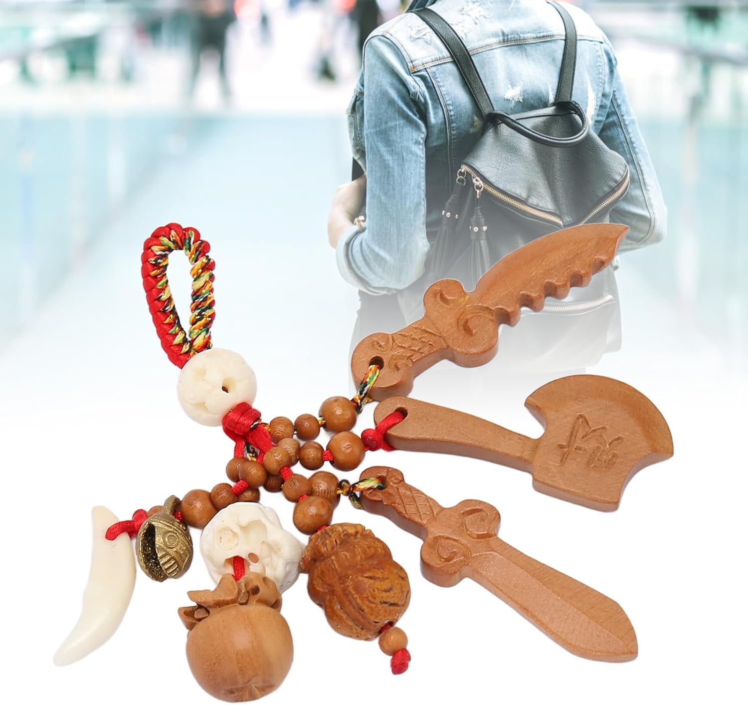 Peach Wood Sword Axe Pendant, Wood Carving Hanging Ornaments Good Luck Amulet for Wealth Success Home Office