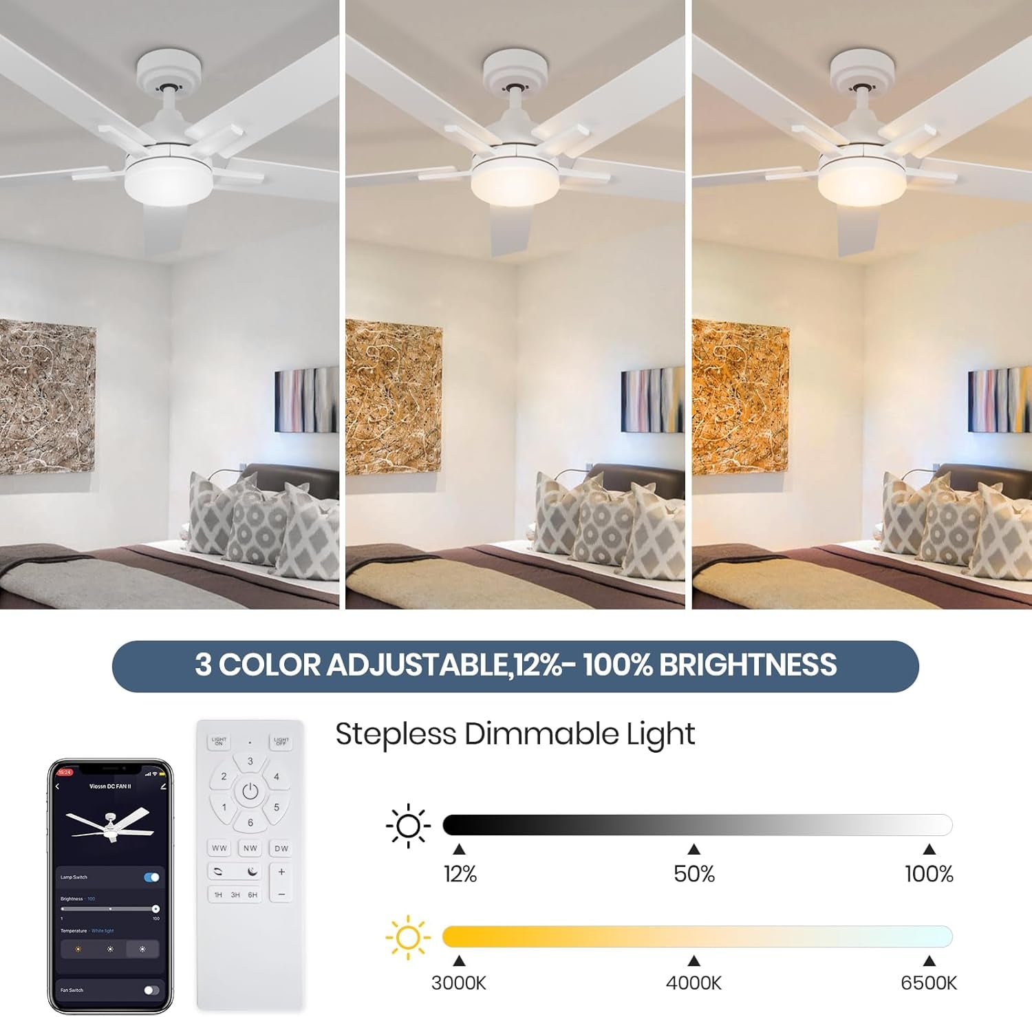 52 Inch Ceiling Fan, Smart Ceiling Fan with Remote/App, White Ceiling Fan with 6-Speeds Reversible Motor, Alexa Ceiling Fan with 5 Two-Sided Blades Dimmable Noiseless for Indoor Bedroom/Outdoor