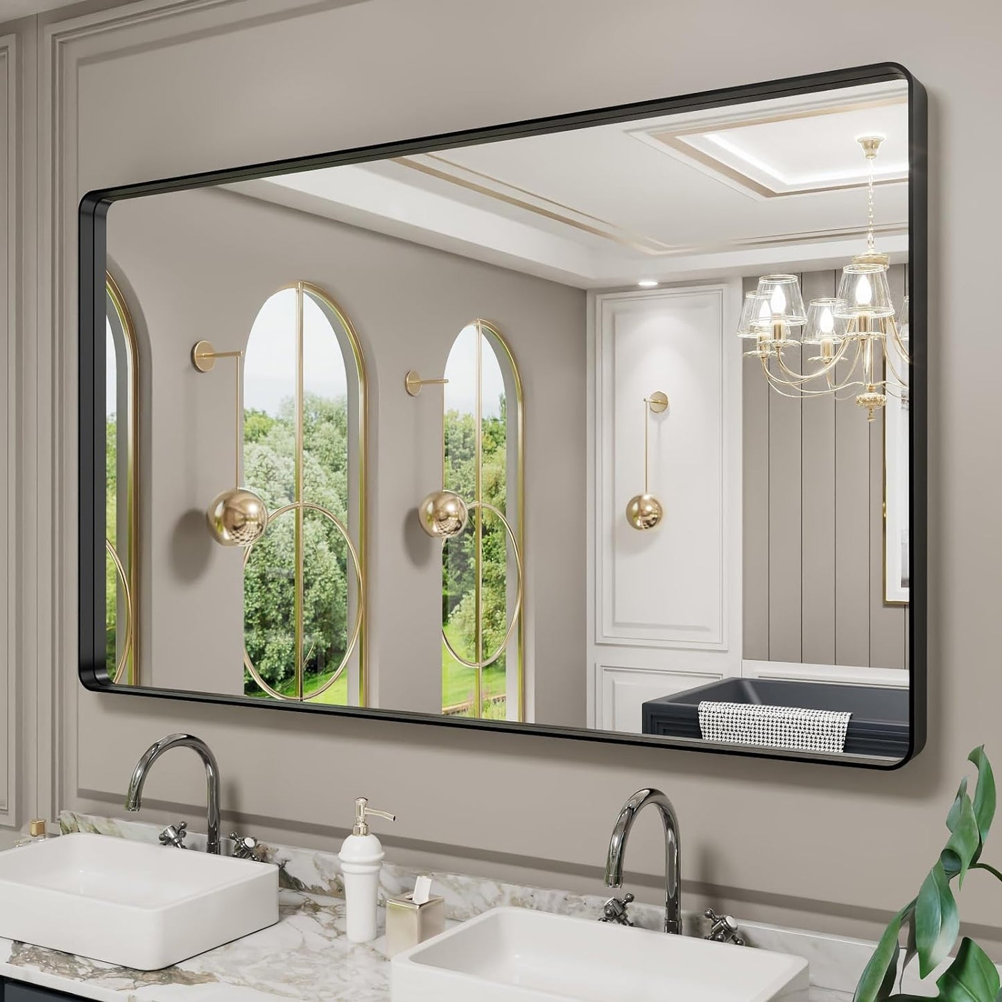 50X30 Inch Black Metal Framed Bathroom Mirror for Wall, Matte Black Bathroom Vanity Mirror Farmhouse, Large Rounded Rectangle Mirror, Anti-Rust, Tempered Glass, Hangs Horizontally or Vertically