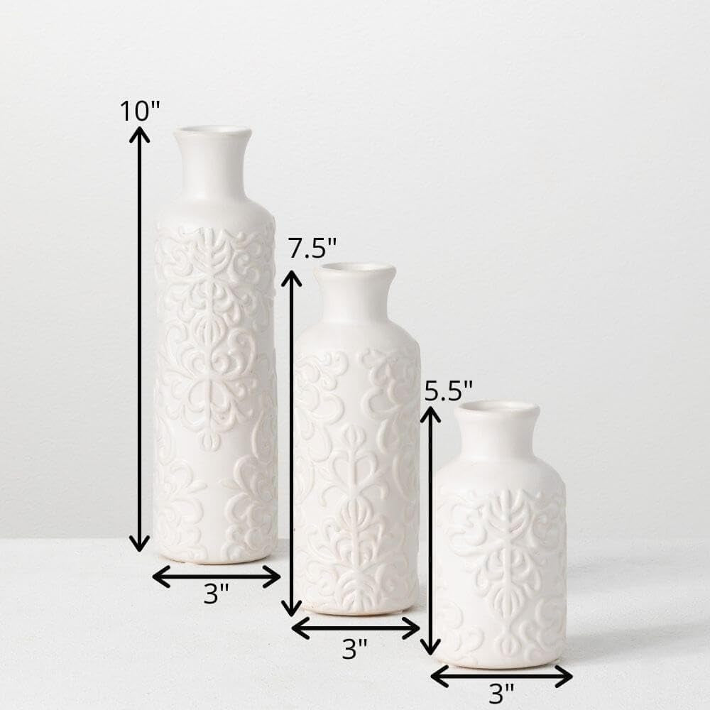 Small White Embossed Ceramic Vase Set of 3, Matte Finish, Vases for Decor, Modern Home, Centerpieces, Mantle, Tabletop, for Living Room, Bedroom, Kitchen, Entryway Decor