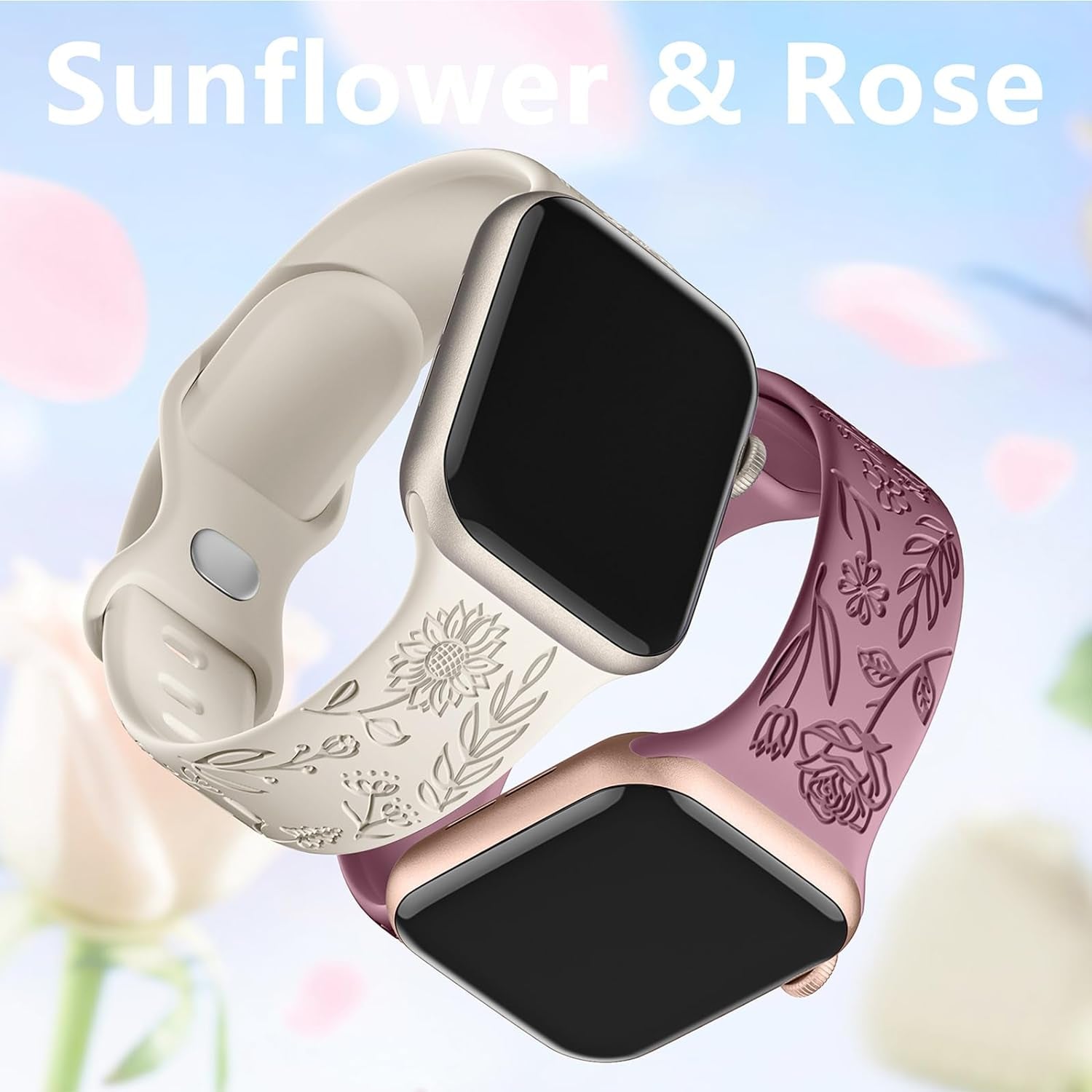 6 Pack Floral Engraved Bands Compatible with Apple Watch Band 44Mm 40Mm 38Mm 41Mm 45Mm 49Mm 42Mm Women, Soft Silicone Cute Flower Pattern Sport Strap for Iwatch Bands Series Ultra Ultra 2 SE 9 8 7 6 5 4 3 2 1