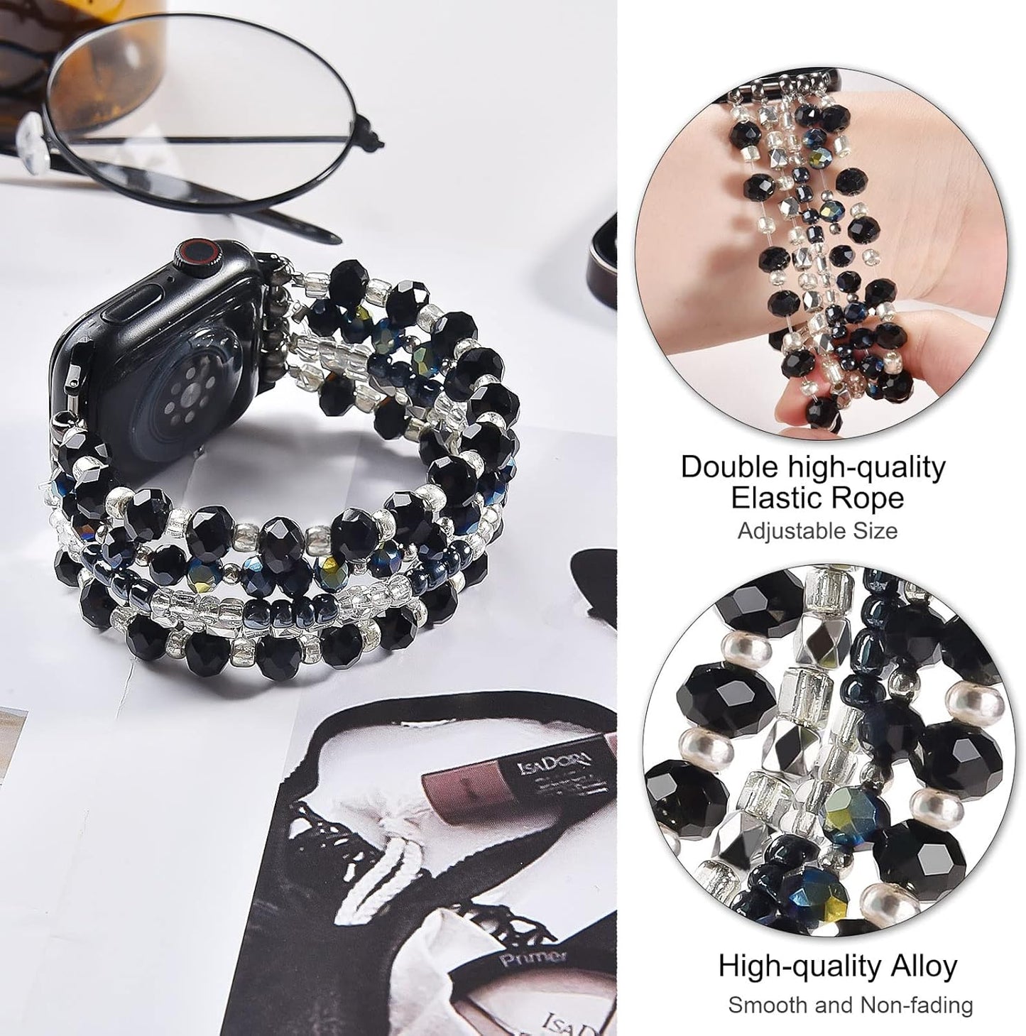 Beaded Bracelet Compatible for Apple Watch Band 40Mm/38Mm/41Mm Series 9 8 7 SE Series 6/5/4 Women Fashion Cute Handmade Stretchy Watch Strap for Iwatch Bands Series 3/2/1 Replacement (Black)