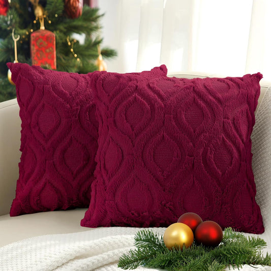 Christmas Decorative Throw Pillow Covers 18X18, Soft Plush Faux Wool Couch Pillow Covers for Home, Set of 2, Burgundy