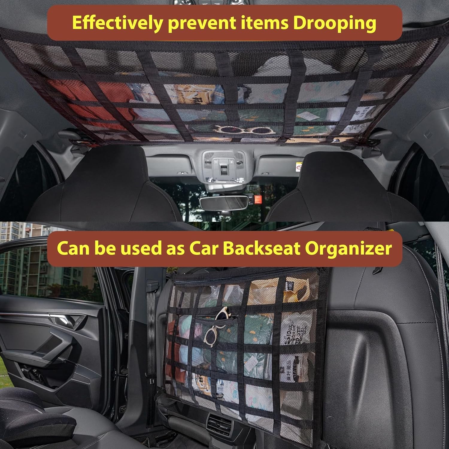 Car Ceiling Cargo Net Pocket,35.4"X23.6" Load-Bearing Double-Layer Mesh Car Roof Storage Organizer for Ford,F150,Jeep,Honda Crv,Mini Van,Rav4,Car Camping Accessories