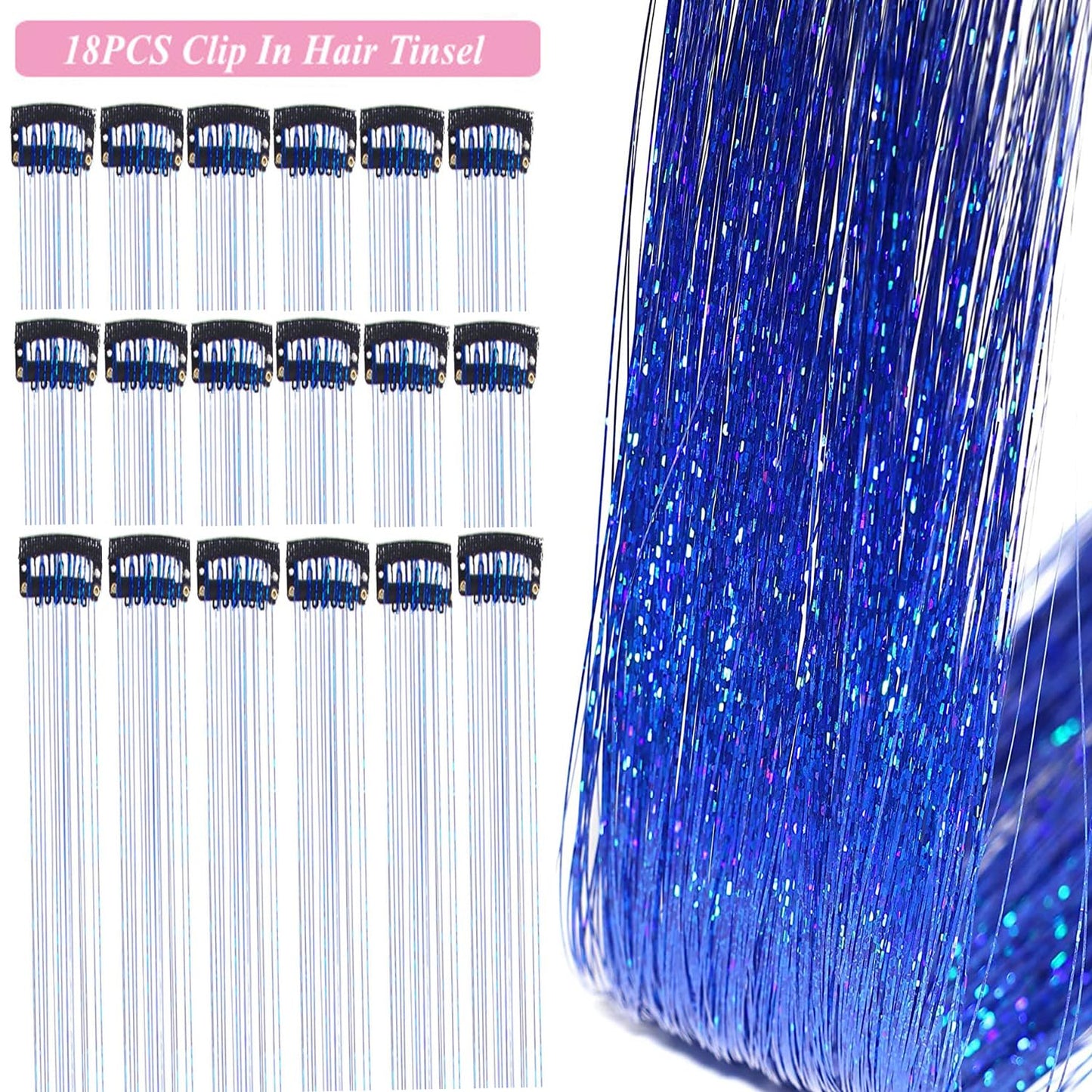 Hair Tinsel Kit Pack of 18 Pcs Hair Tinsel Clip in 19.6Inch Glitter Tinsel Hair Extensions Heat Resistant Clip in Hair Tinsel Sparkle Fairy Hair Accessories for Kids Girls Women (Blue)