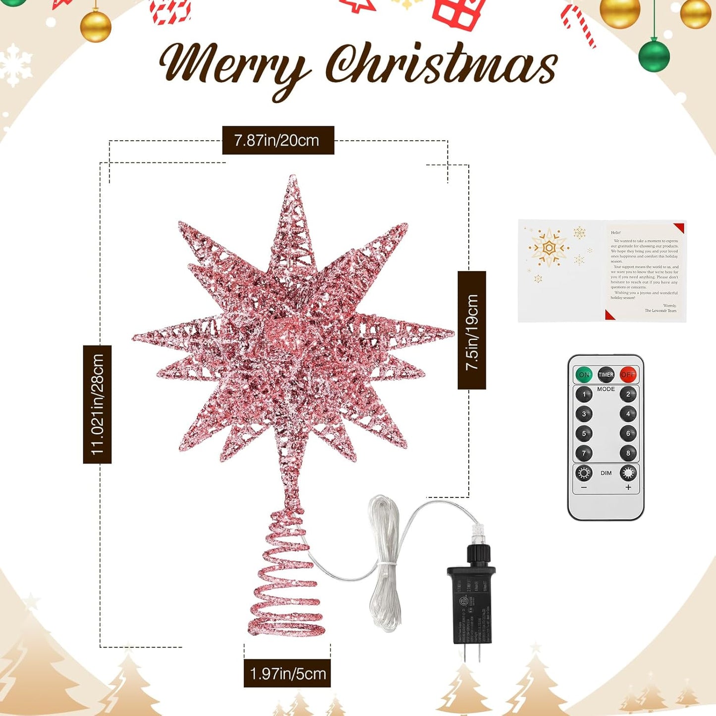 Christmas Star Tree Topper, 3D Star Plugged Decorative Treetop with LED Light Beads for Home Holiday Xmas Decor 6-Hour Timer Function 5M Cable, Pink