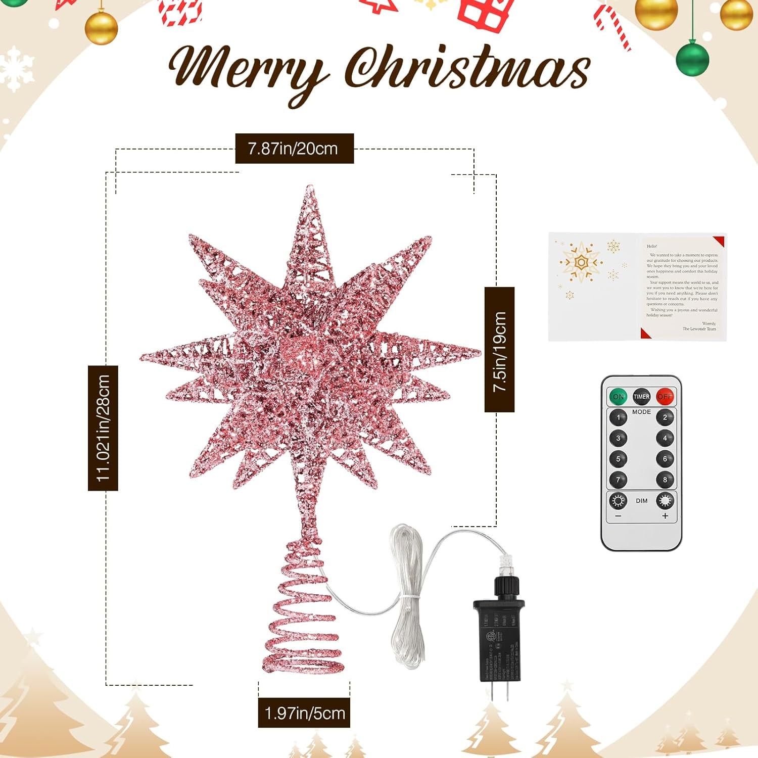 Christmas Star Tree Topper, 3D Star Plugged Decorative Treetop with LED Light Beads for Home Holiday Xmas Decor 6-Hour Timer Function 5M Cable, Pink