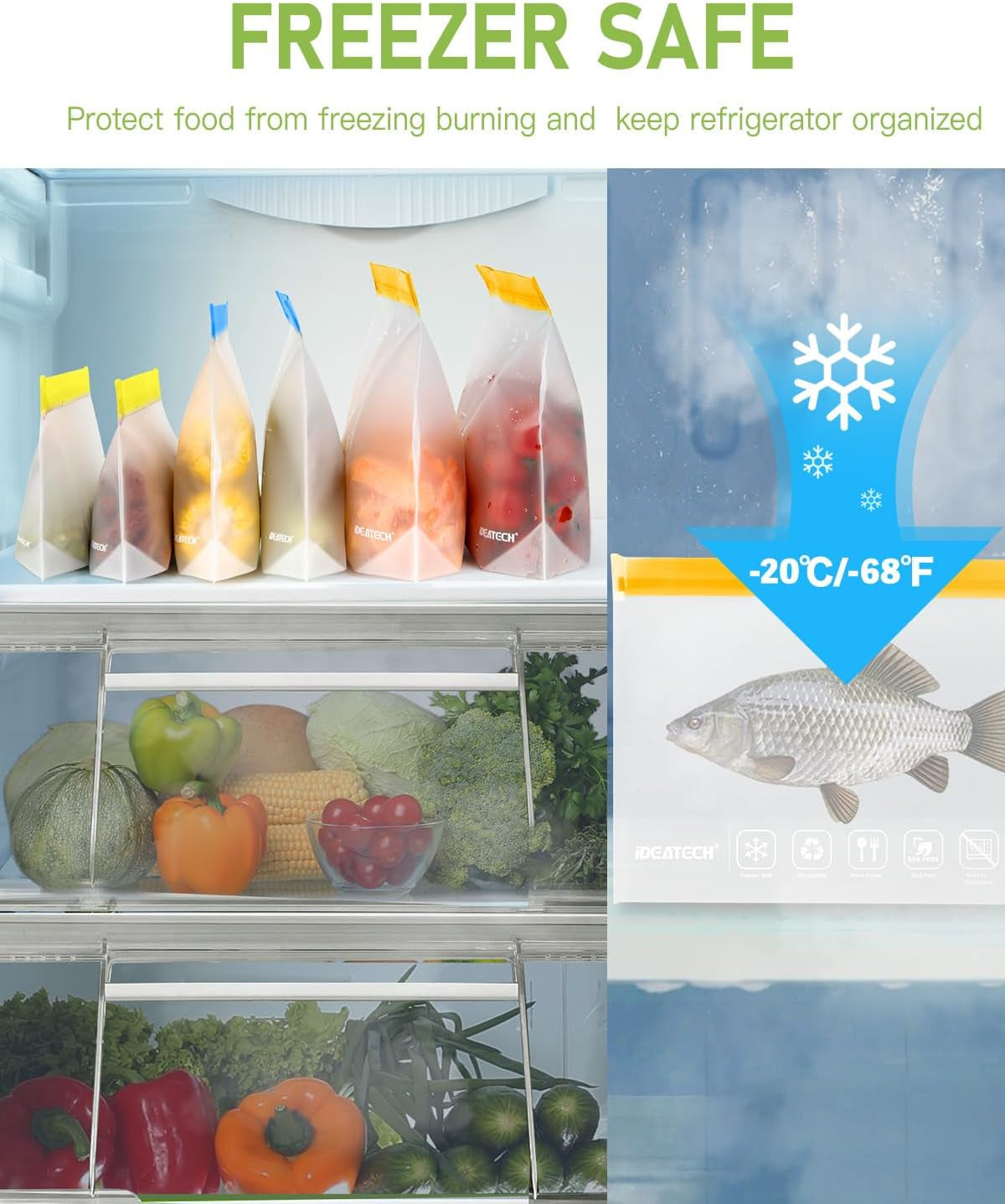 20Pack Dishwasher Safe Reusable Bags, Leakproof Reusable Freezer Bags, BPA Free Reusable Food Storage Bags Sandwich Bags Snack Bags for Lunch Travel(8 Gallon 6 Quart 6 Snack,Colored)
