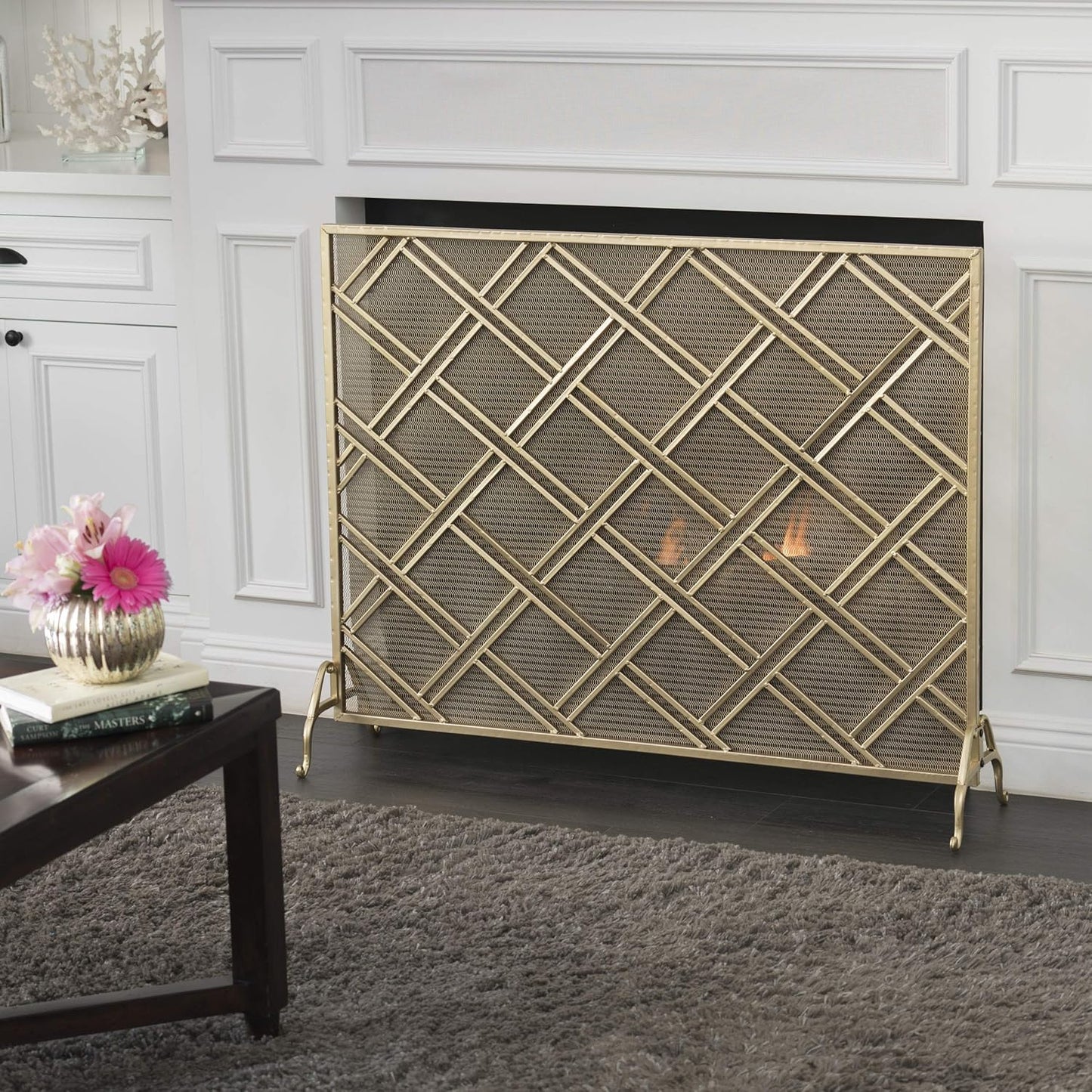 Josette Single Panel Iron Fireplace Screen, Gold