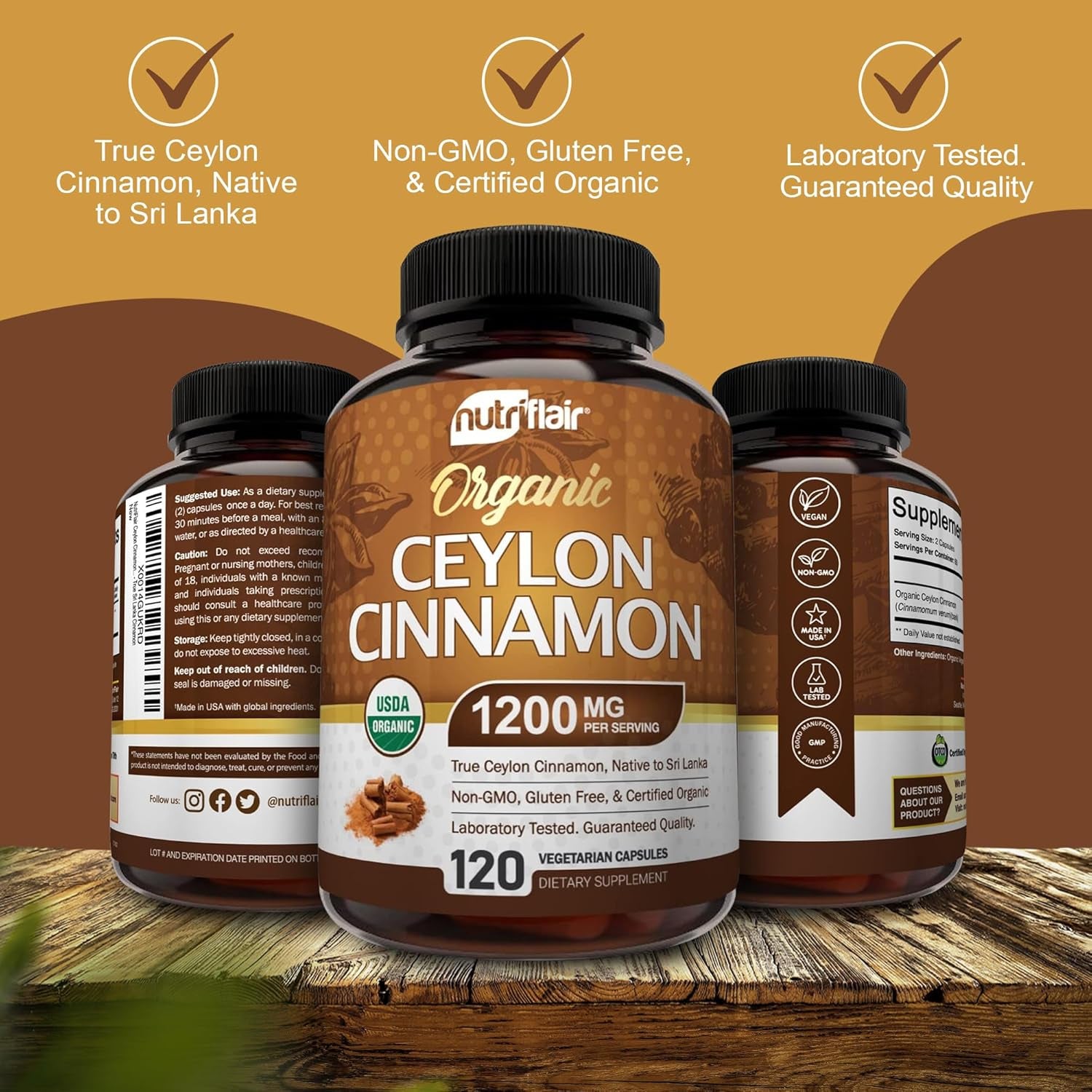 Organic Ceylon Cinnamon Supplement 1200Mg, 120 Capsules - USDA Certified Organic Cinnamon - Non-Gmo, Gluten Free Cinnamon Powder, Antioxidant Cinnamon Pills TLBH