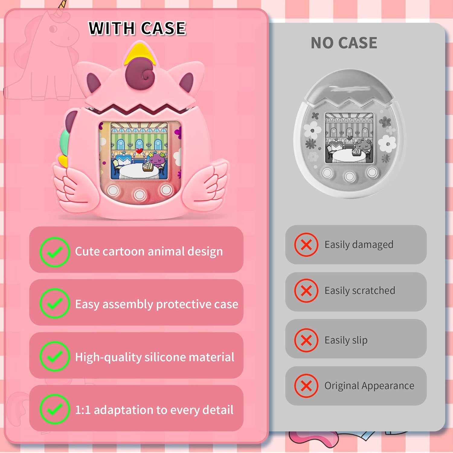 Silicone Case Compatible with Tamagotchi Pix Virtual Pet Game Machine, Cute Unicorn Pattern Protective Sleeve for Pix with Finger Lanyard ZOUSA