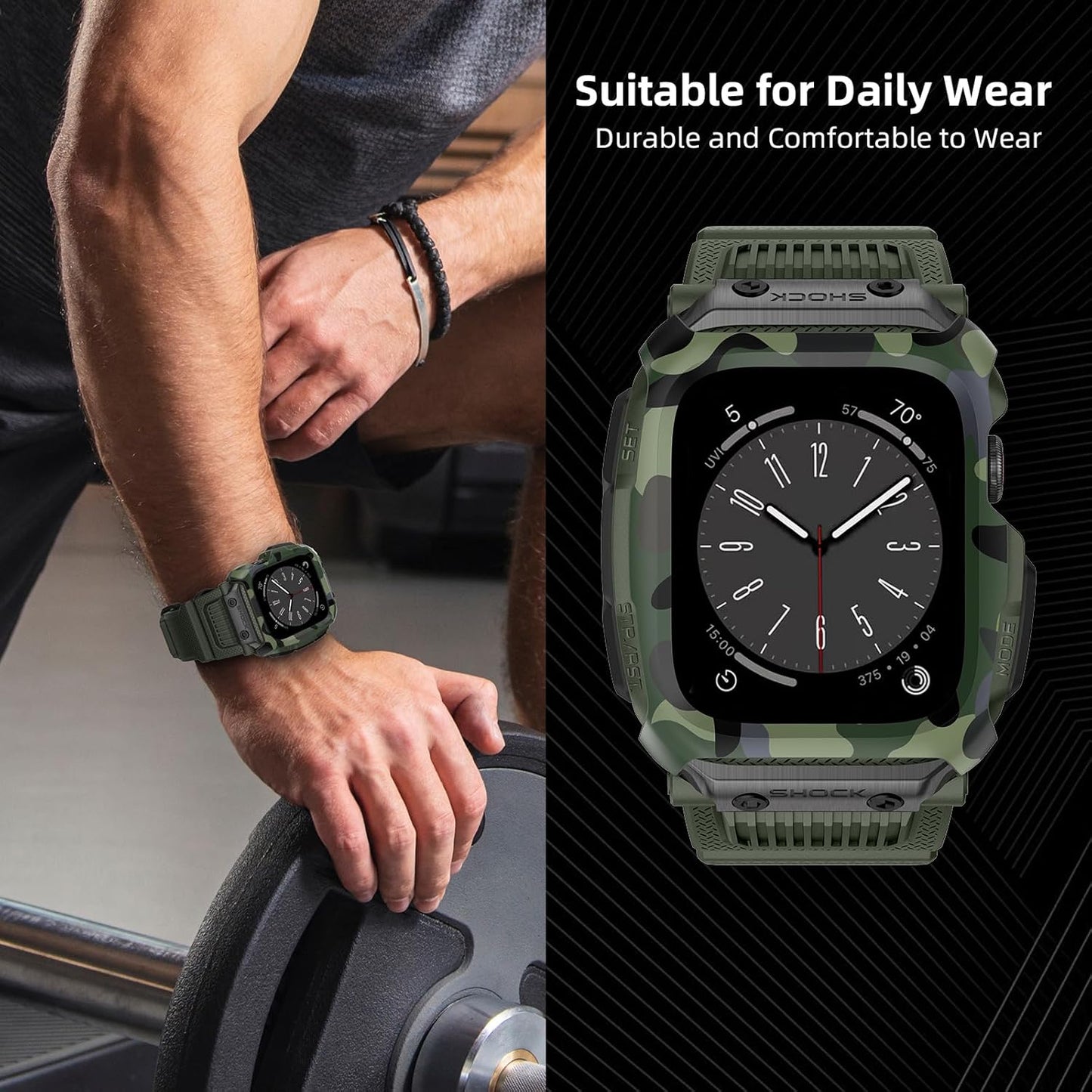 Compatible for Apple Watch Band 45Mm 44Mm 42Mm with Case,Men Rugged Sport Military TPU with Metal Pieces Strap with Bumper Cover for Iwatch Series 9/8/7/6/SE/5/4/3/2/1