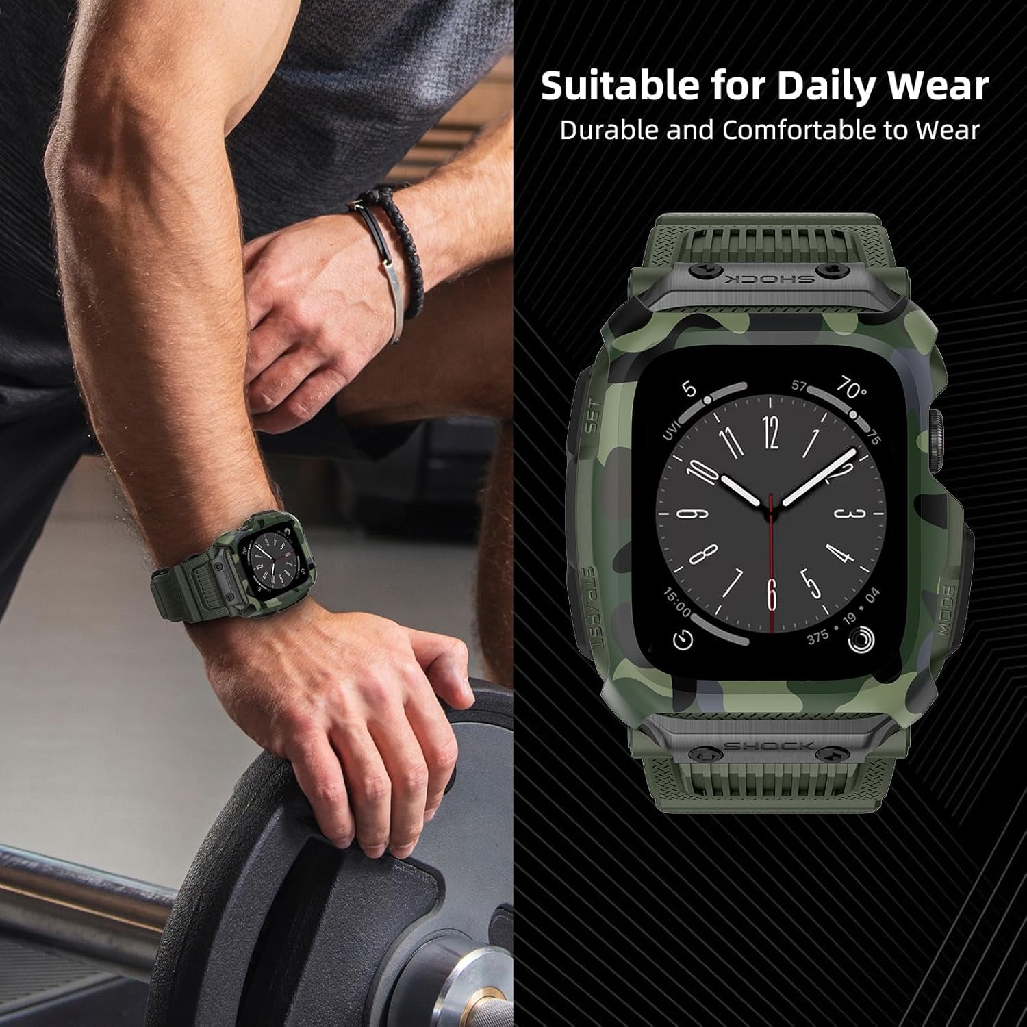Compatible for Apple Watch Band 45Mm 44Mm 42Mm with Case,Men Rugged Sport Military TPU with Metal Pieces Strap with Bumper Cover for Iwatch Series 9/8/7/6/SE/5/4/3/2/1