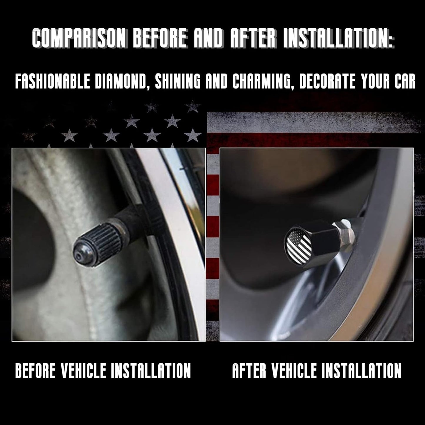 American Flag Car Truck Antenna with Valve Stem Caps, Universal Mast for GM Chevy Silverado 1500 2500 3500 HD Avalanche Ford F150 F250 F350 Denali Heavy Duty Pickup Trucks Accessories (Black)