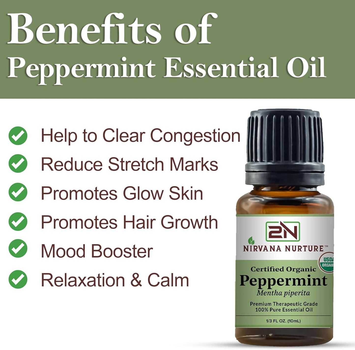 Peppermint Essential Oil USDA Certified Organic 100% Pure Premium Therapeutic Grade, Undiluted - Aromatherapy Diffuser for Calm and Relaxation, Skin Care, Hair Care TLBH