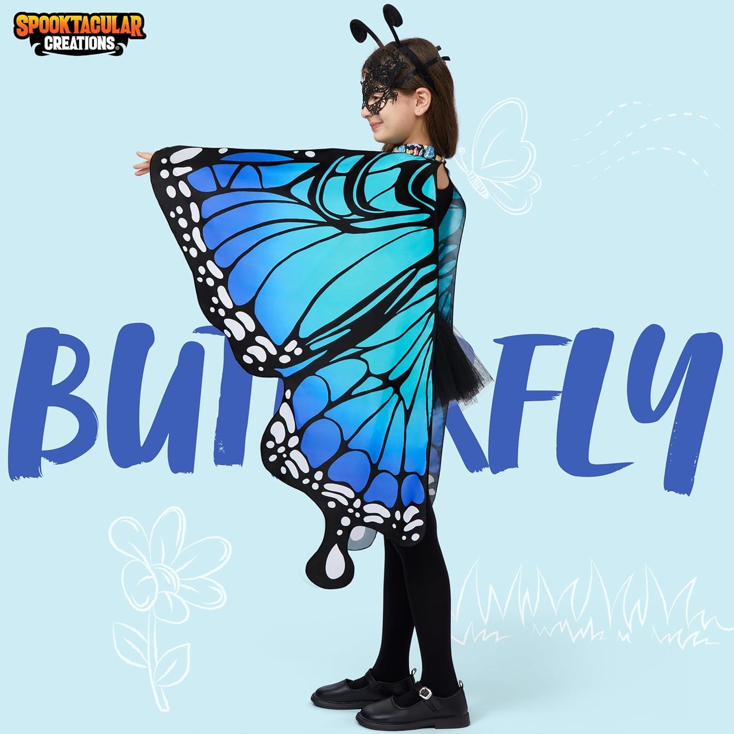 Blue Butterfly Wing Kids, Halloween Butterfly Costume for Girls with Lace Mask and Bug Headband for Halloween Costume Party