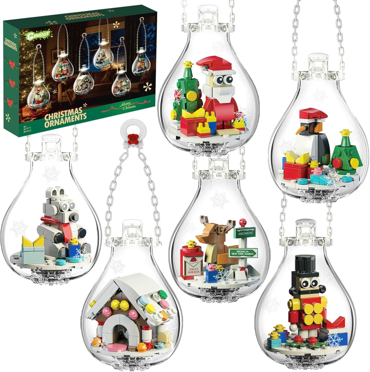 Christmas Ornaments 2024 Building Set, Ornament for Christmas Tree with Light, Xmas and Thanksgiving Holiday for Gifts, Gingerbread Houses, Santa, Reindeer, Polar Bears, Soldiers and Penguin (647 Pcs)