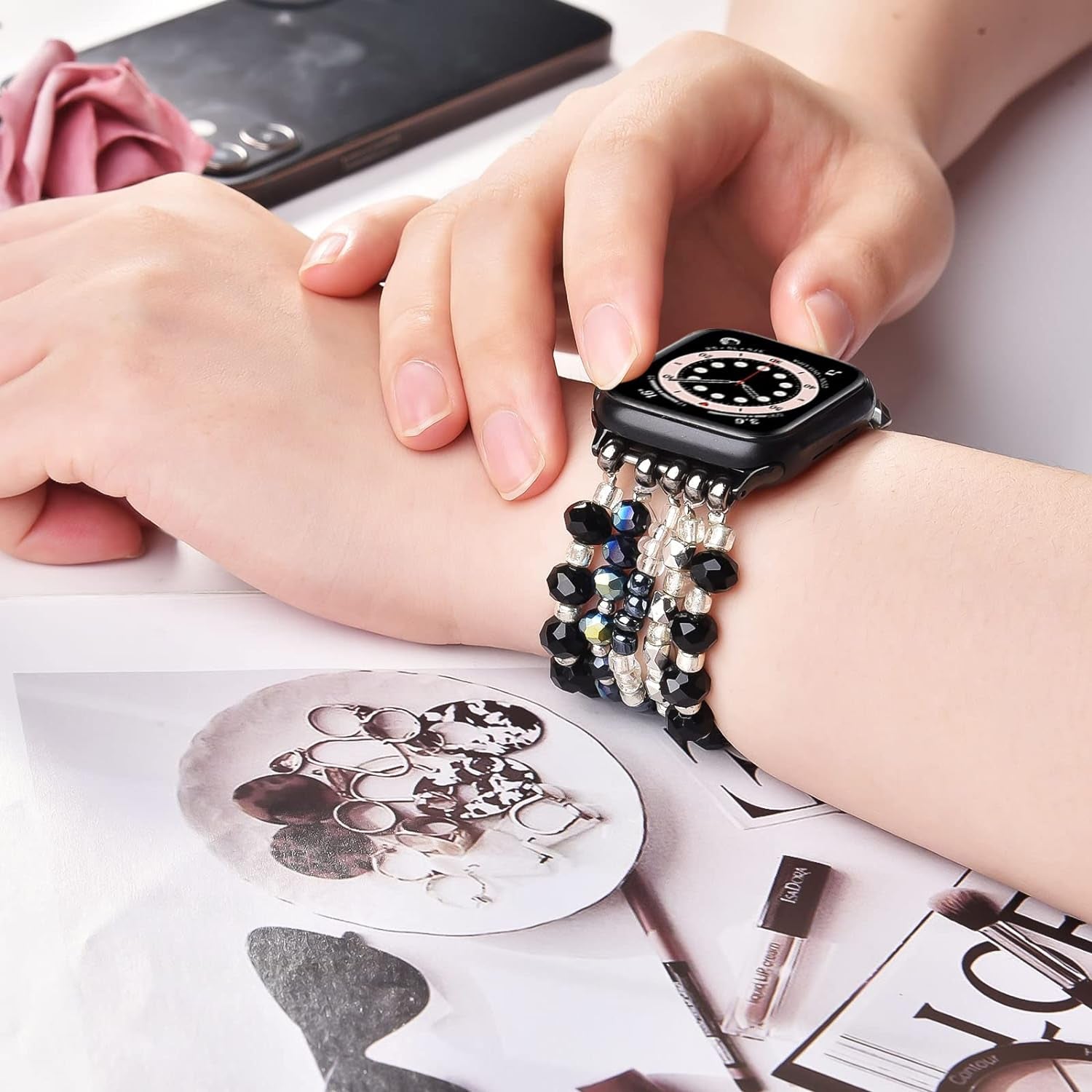 Beaded Bracelet Compatible for Apple Watch Band 40Mm/38Mm/41Mm Series 9 8 7 SE Series 6/5/4 Women Fashion Cute Handmade Stretchy Watch Strap for Iwatch Bands Series 3/2/1 Replacement (Black)