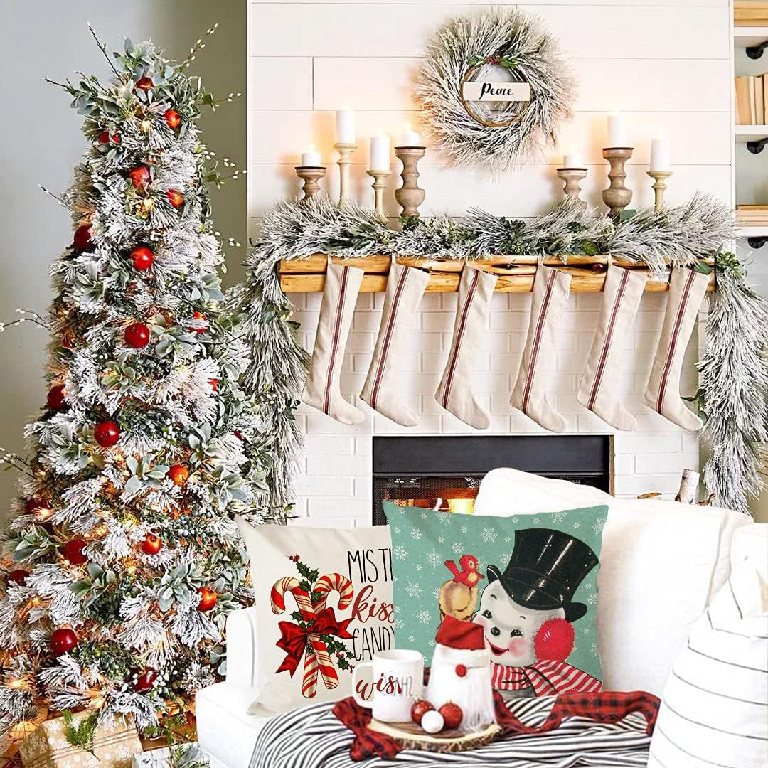 Christmas Decorations Pillow Covers 16×16 Set of 4 Snowflake Santa Snowman Deer Bird Candy Cane Xmas Rustic Winter Throw Pillows Farmhouse Christmas Decor Cushion Cases (16"X16")