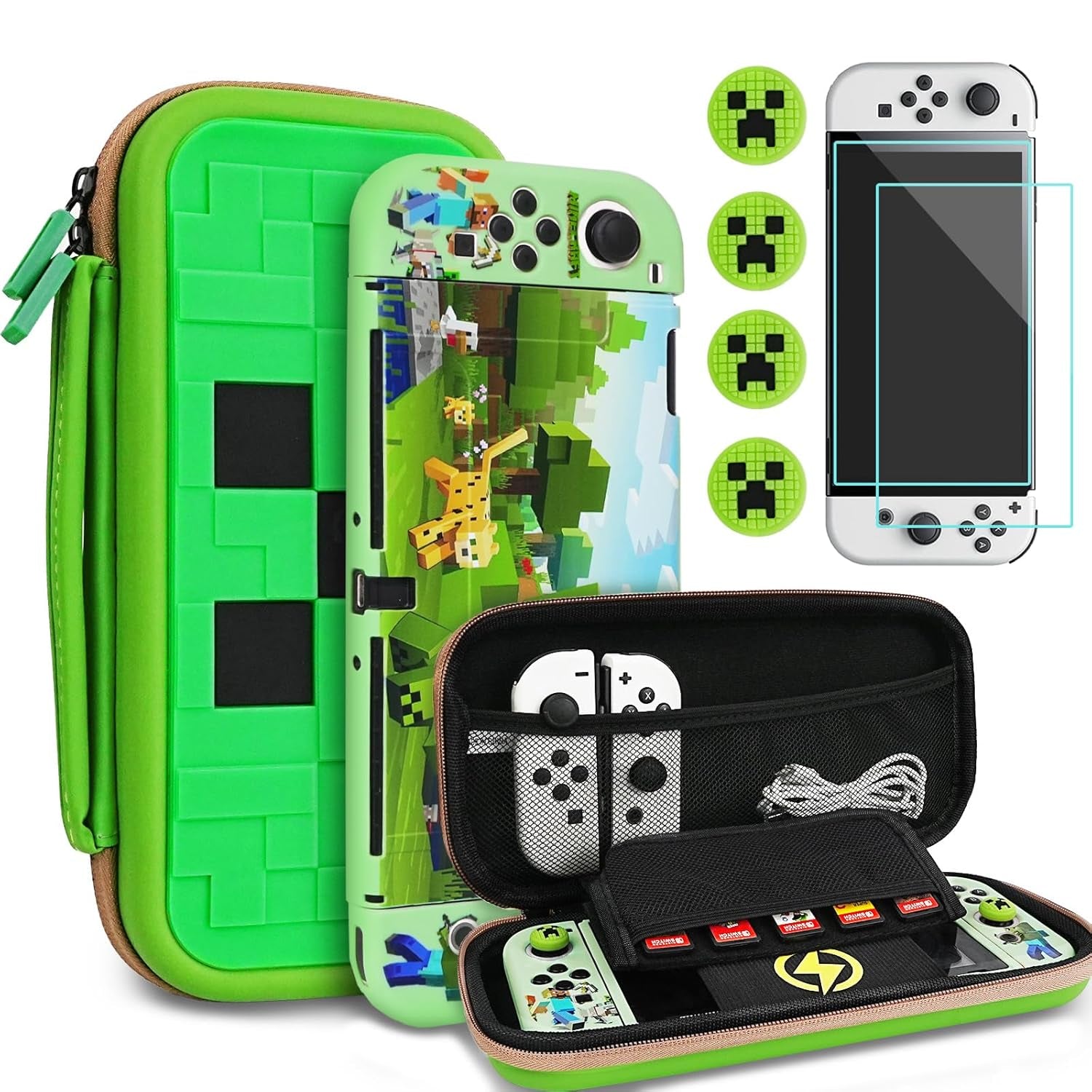 Carrying Case Accessories for Switch,Portable Travel Case with Soft Protective Case, Screen Protectors and Thumb Grip Caps, Green