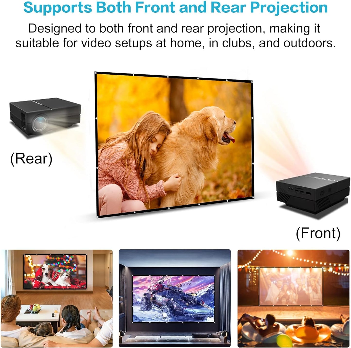 Projector Screen 120 Inch, Movie Projector Screen 16:9 Foldable and Portable Anti-Crease Indoor Outdoor Projection Double Sided Video Projector Screen for Home, Party, Office, Classroom