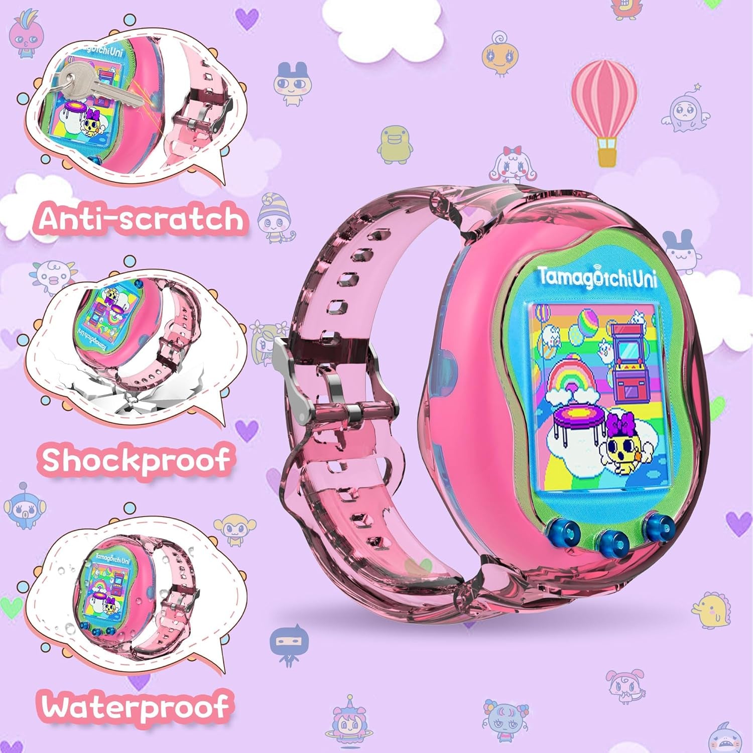 Wristband for Tamagotchi Uni [2Pack], TPU Bracelet Holder Compatible with Tamagotchi Uni, Adjustable TPU Protective Tamagotchi Uni Case for Kids Teen Adults 6.3-8.85" (Purple+Pink) ZOUSA