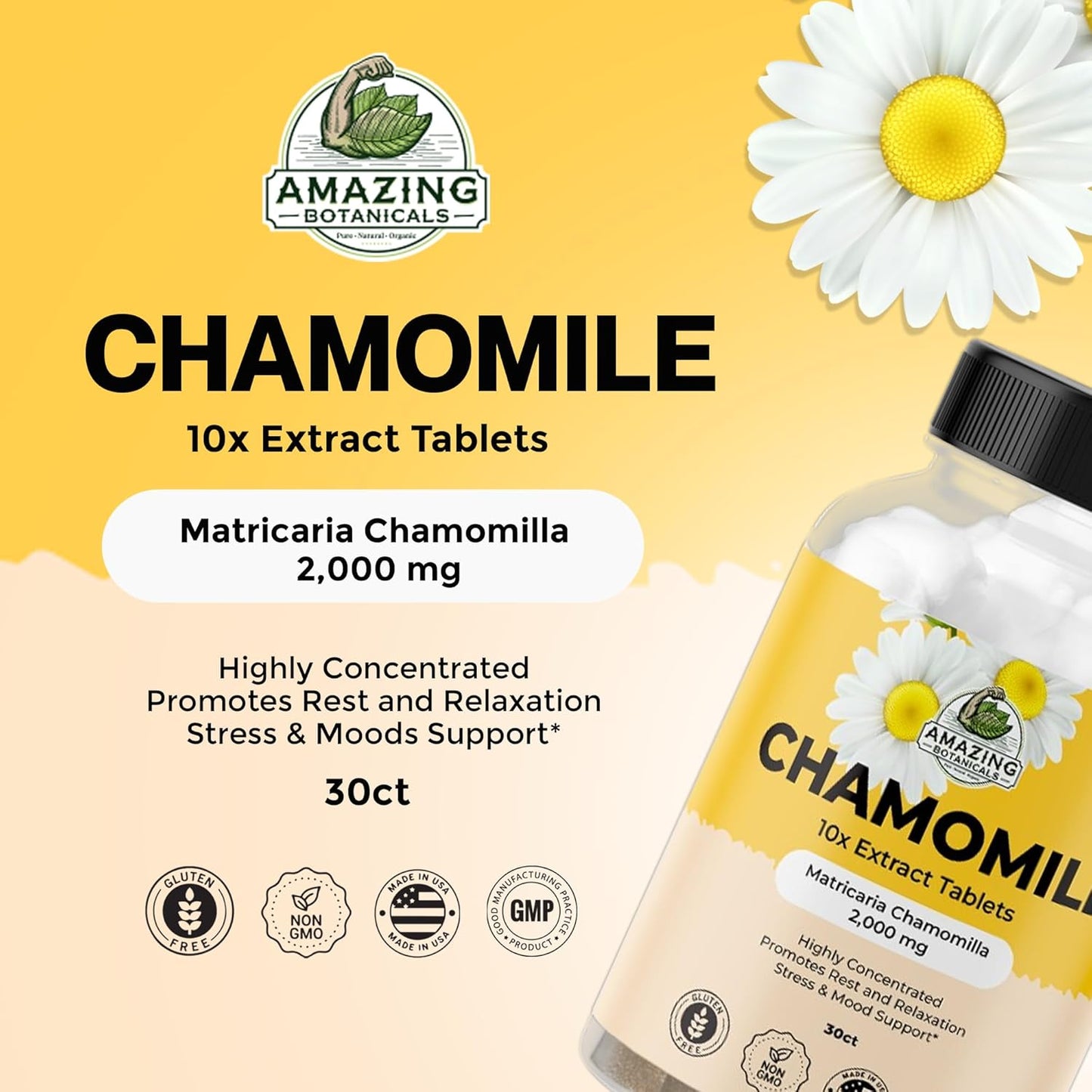 Organic Chamomile Extract Tablets - Matricaria Chamomilla Plant-Based Supplement - 10X Extract 2000 MG Each - Promotes Relaxation - 30 Tablets TLBH
