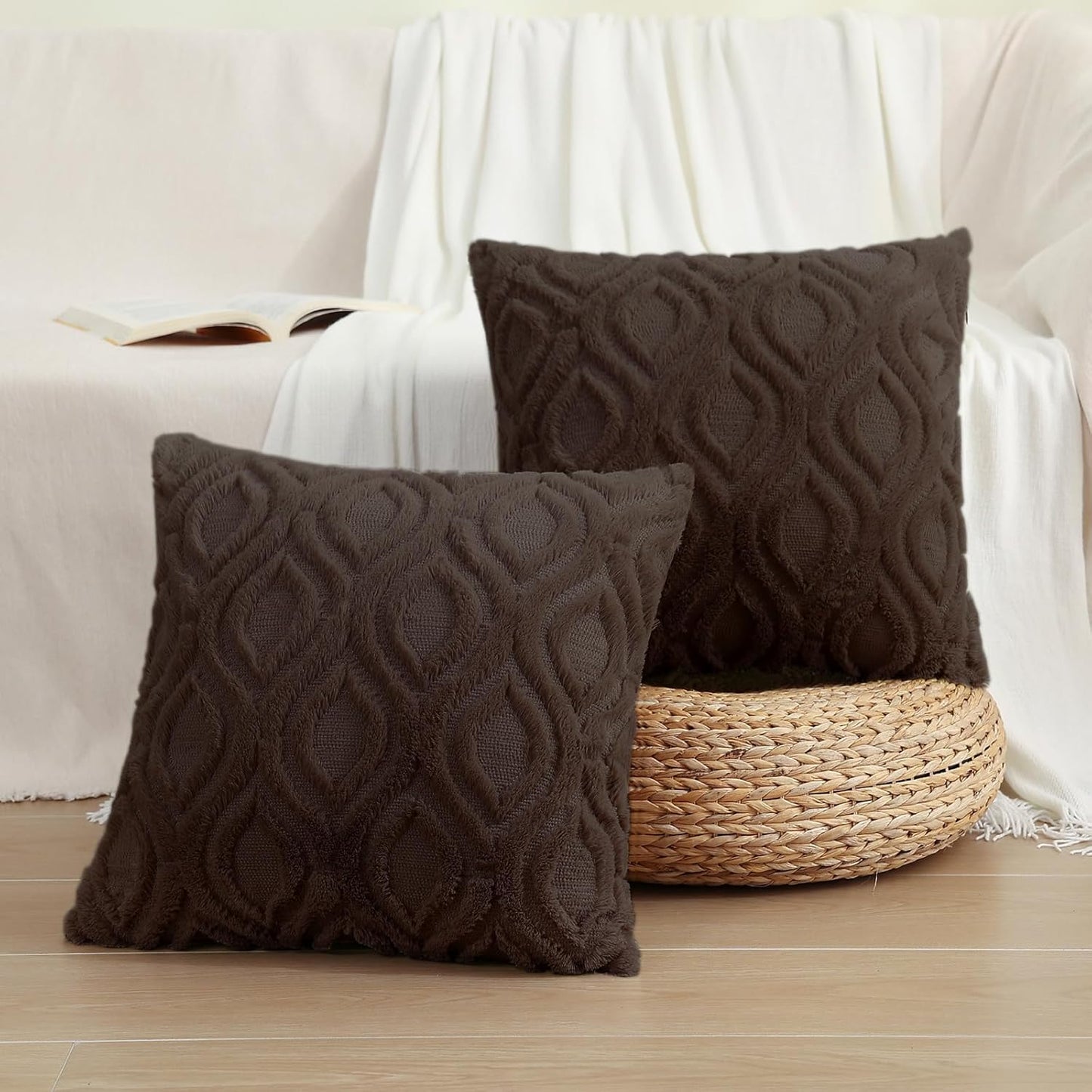 Decorative Throw Pillow Covers 18X18, Soft Plush Faux Wool Couch Pillow Covers for Home, Set of 2, Brown