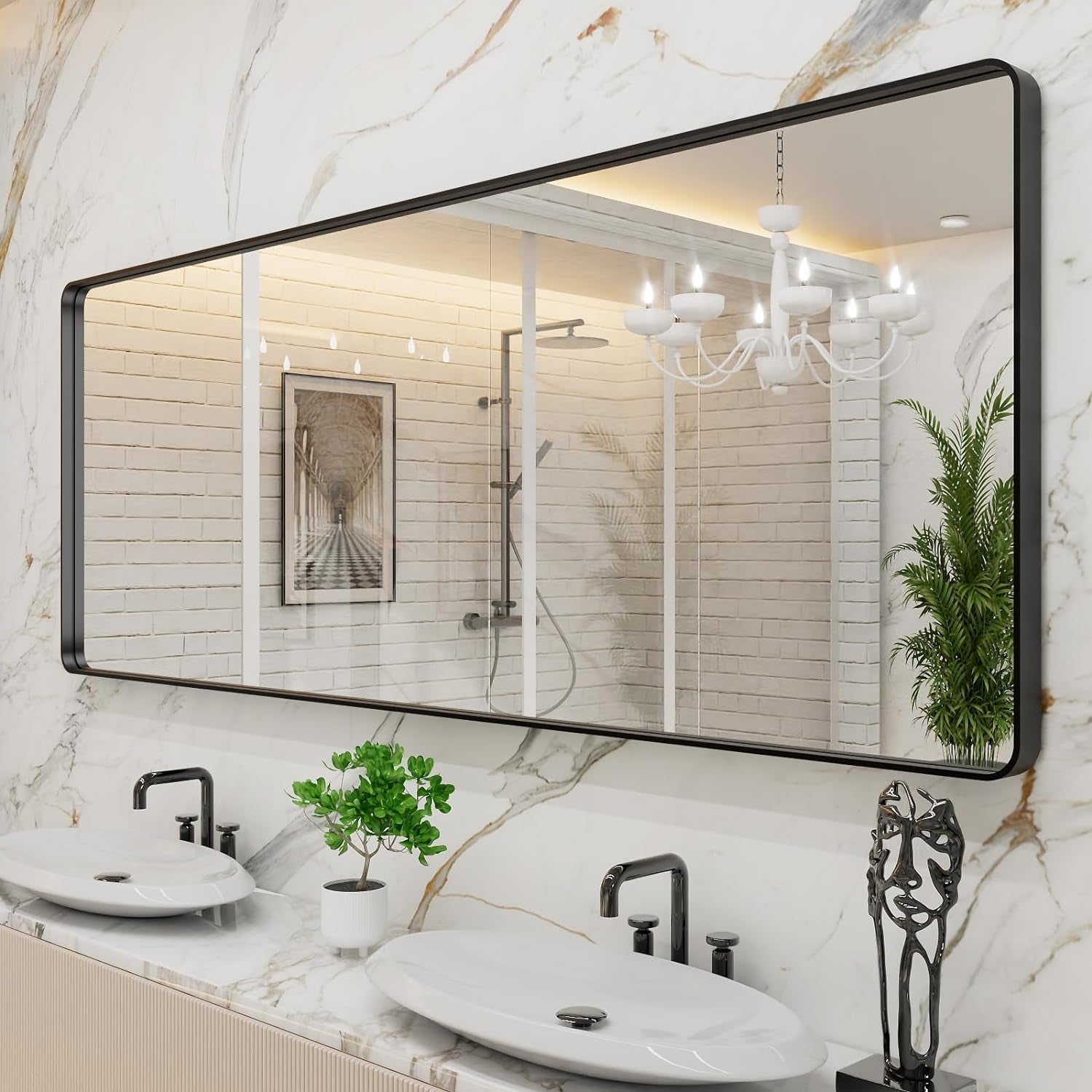 50X30 Inch Black Metal Framed Bathroom Mirror for Wall, Matte Black Bathroom Vanity Mirror Farmhouse, Large Rounded Rectangle Mirror, Anti-Rust, Tempered Glass, Hangs Horizontally or Vertically