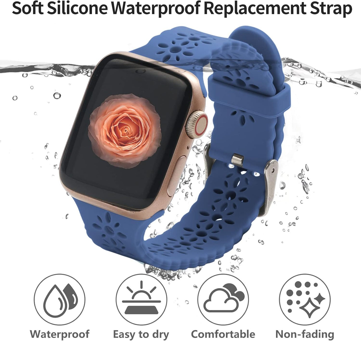 3Pack Silicone Bands Compatible with Watch Band 38Mm 40Mm 41Mm 42Mm 44Mm 45Mm, Flower Engraved Bands Lace Bands Floral Laser Printed Soft Silicone Sport Strap Compatible with Iwatch Series 7 6 5 4 3 2 1 SE