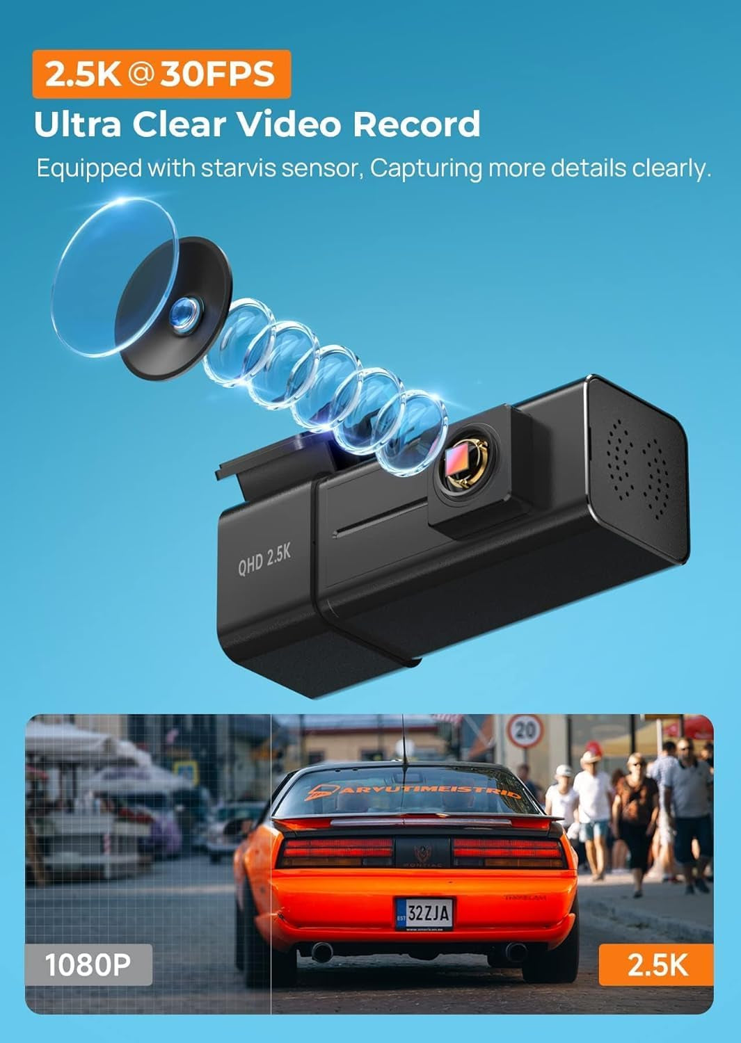Dash Cam Wifi 2.5K Dashcam,  Front Dash Camera for Cars, Mini Dashcams with App, Night Vision, G-Sensor, Loop Recording, 24H Parking Mode, with 32G SD Card, Support 256GB Max