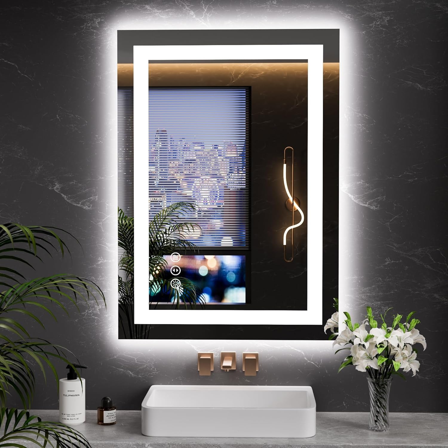 60”X30“ RGB LED Bathroom Mirror with Lights for Bathroom, Anti-Fog, Dimmable，Multiple Light Modes, RGB Backlit + Front Light, Memory Function, Tempered Glass